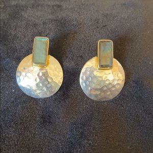 Pierced earrings w/abalone /hammered silver plate.